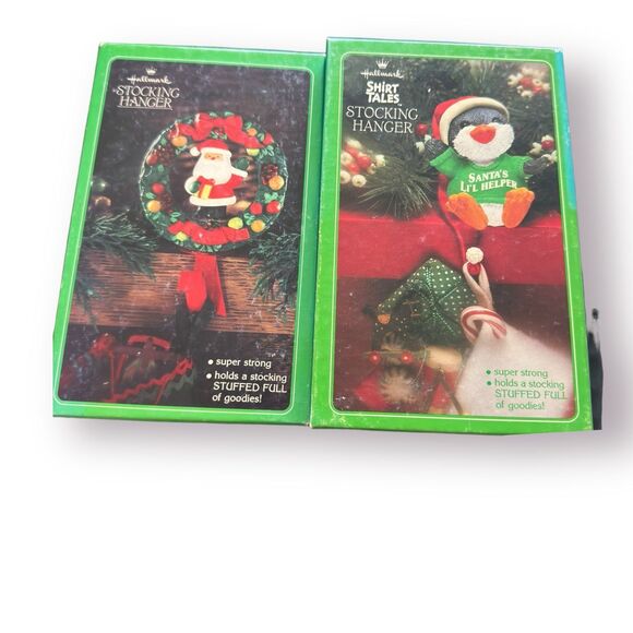 Hallmark Stocking Hanger Holders Vintage Christmas Penguin & Santa Claus Wreath - Picture 2 of 6
